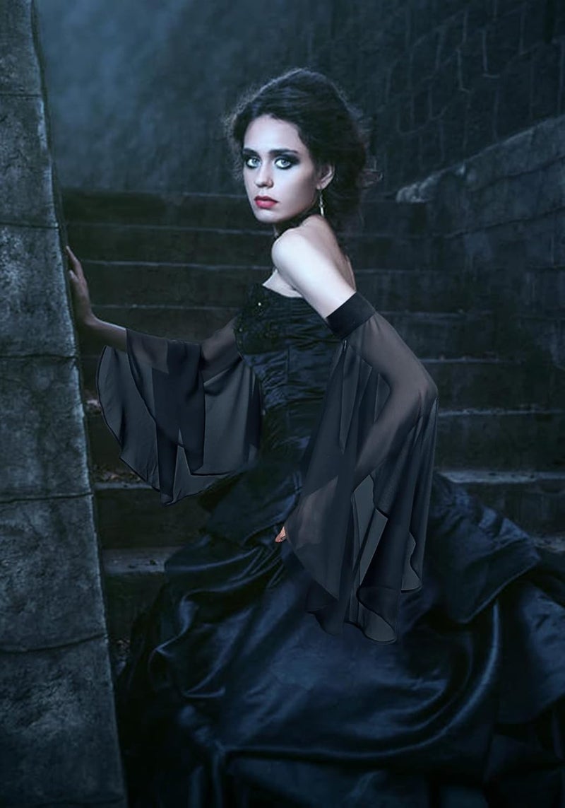 Procos Women's Victorian Long Tulle Gloves Gothic Black Lace Chiffon Detachable Sleeves Vampire Witch Cosplay Costume - Image 2